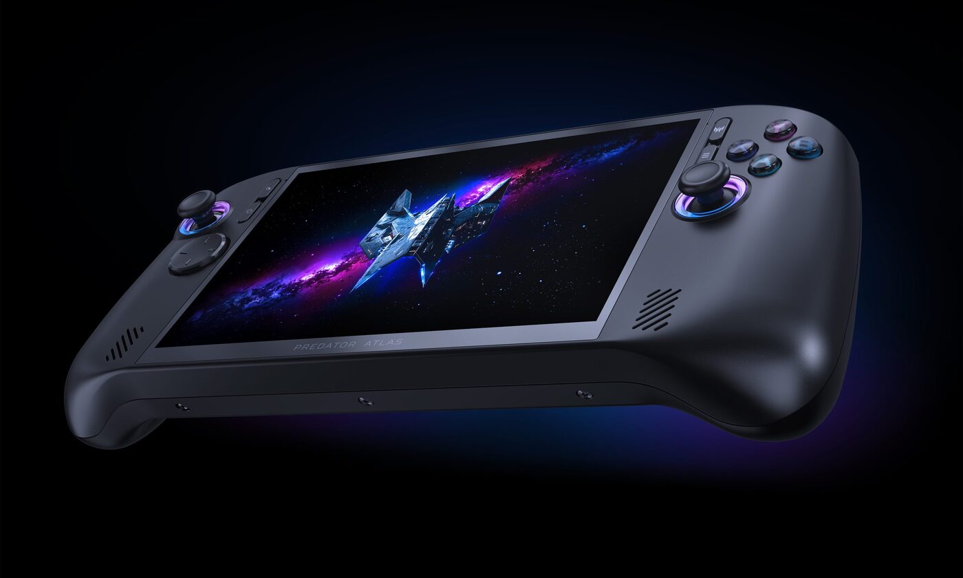 Acer Predator Atlas 8 gaming handheld shown at an angle with a space scene on its screen