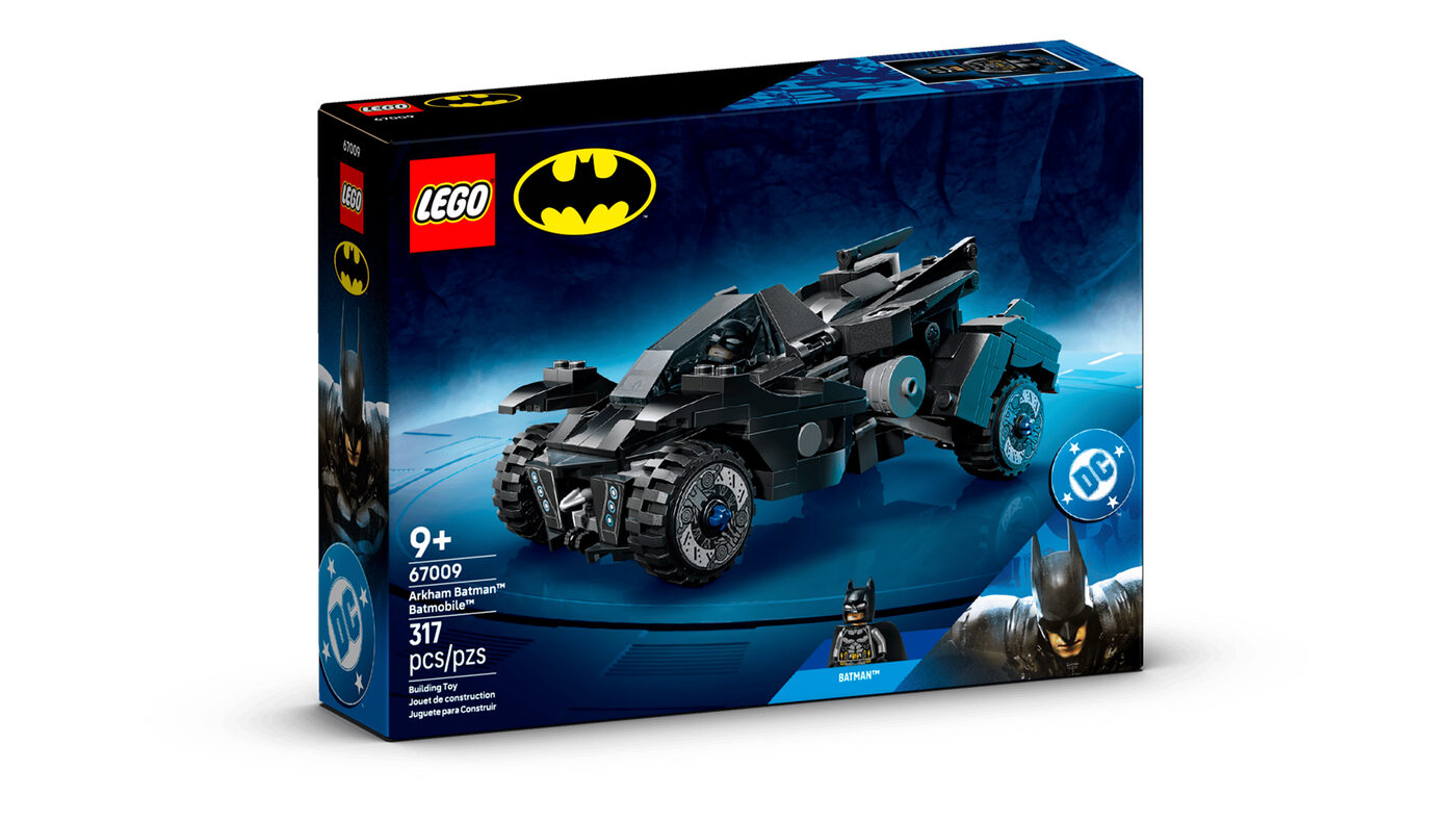 LEGO Arkham Batman Batmobile set 67009 box showing the black Batmobile model