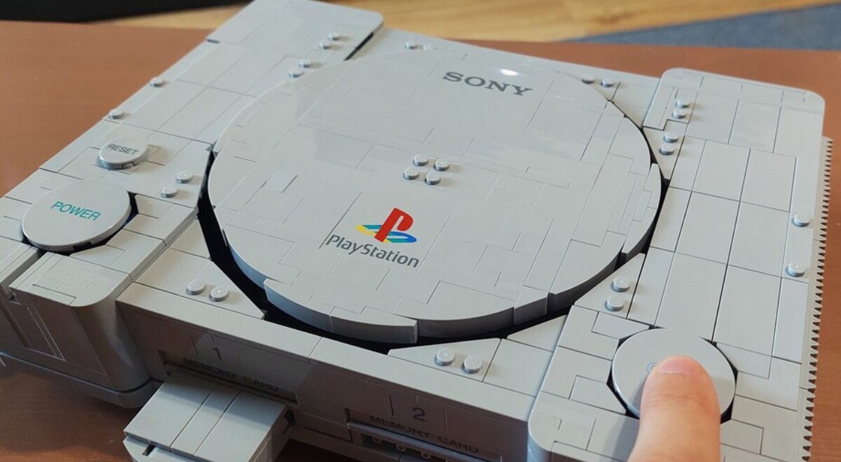 The LEGO PlayStation 72306 set built from bricks, with Power and Reset buttons