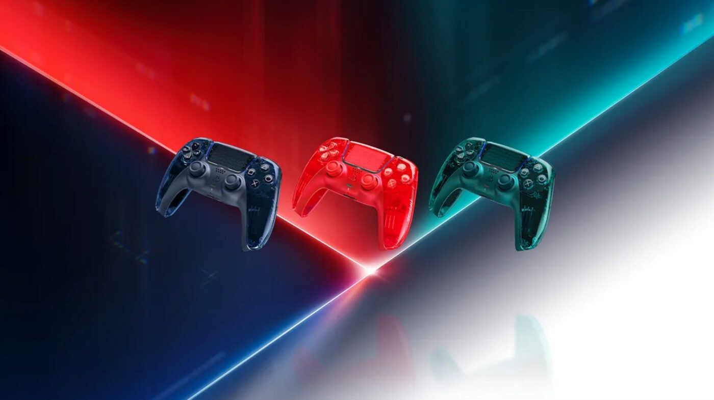 Three transparent PS5 DualSense controllers in blue, red and green-tinted clear shells