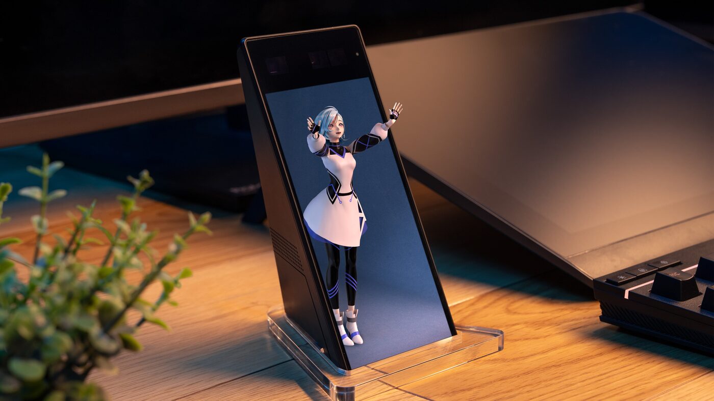 Sony ELF-MN1 desktop display showing a 3D anime-style avatar standing in the screen
